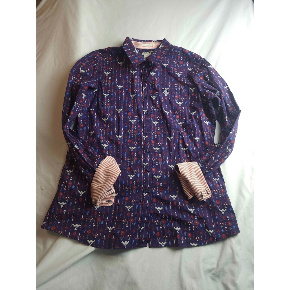 Ariat REAL Women XL Blue Southwestern Thunderbird Print Fitted Western Shirt